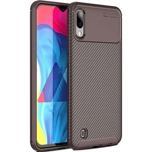 Jopus Samsung Galaxy M10 Kılıf Karbon Desenli Lux Negro Silikon - Kahverengi + Cam Ekran Koruyucu