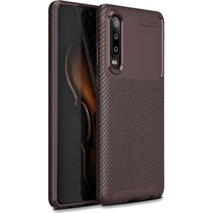 Jopus Huawei P30 Kılıf Karbon Desenli Lux Negro Silikon - Kahverengi + Cam Ekran Koruyucu