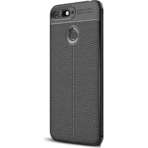 Case Street Huawei Y7 2018 Kılıf Niss Silikon Deri Görünüm Dizayn Siyah