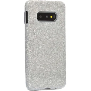Case 4U Samsung Galaxy S10E Kılıf Çift Katmanlı Simli Shining Sert Silikon Arka Kapak Gümüş