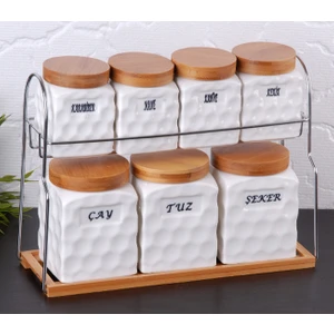 7'li Porselen Ahşap Kapaklı Baharat Seti G1353