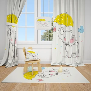 Cici Tasarım Fil ve Yağmur Çocuk Bebek Odası Fon Perde 2 Kanat 140x200