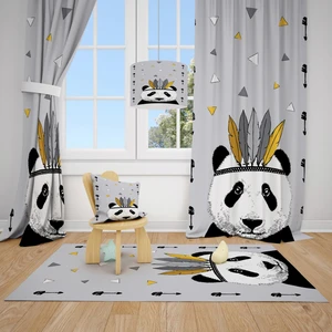 Cici Tasarım Gri Zemin Panda ve Renkli Üçgenler Çocuk Bebek Odası Fon Perde 1 Kanat 140x200