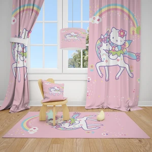 Cici Tasarım Hello Kitty Atlı Pembe Çocuk Bebek Odası Fon Perde 2 Kanat