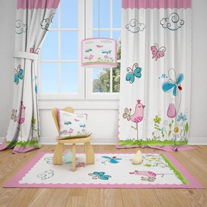 Cici Odam Pembe Kelebekli Kuşlu Çocuk Bebek Odası Fon Perde 1 Kanat