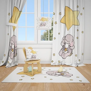 Cici Tasarım Sevimli Fil ve Tavşan Sarı Yıldız Çocuk Bebek Odası Fon Perde 2 Kanat 140x270