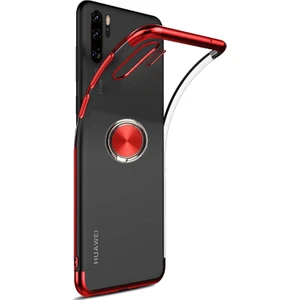 DVR Huawei P30 Pro Kılıf Silikon Lazer Yüzüklü Standlı (Kırmızı) + Tam Ekran Cam Koruyucu
