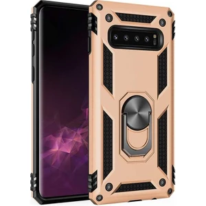 Case 4U Samsung Galaxy S10 Plus Kılıf Çift Katmanlı Yüzüklü Manyetik Vega Kapak Altın