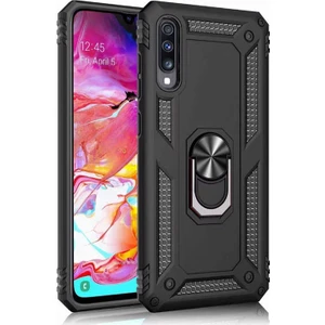 Case 4U Samsung Galaxy A70 Uyumlu Kılıf Çift Katmanlı Yüzüklü Manyetik Vega Kapak Siyah