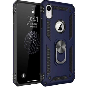 Case 4U Apple iPhone XR Kılıf Çift Katmanlı Yüzüklü Manyetik Vega Kapak Lacivert