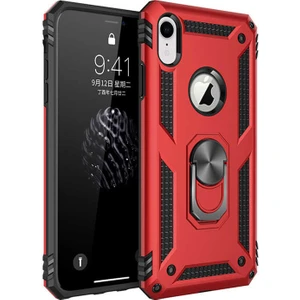 Case 4U Apple iPhone XR Kılıf Çift Katmanlı Yüzüklü Manyetik Vega Kapak Kırmızı