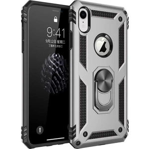 Case 4U Apple iPhone XR Kılıf Çift Katmanlı Yüzüklü Manyetik Vega Kapak Gümüş