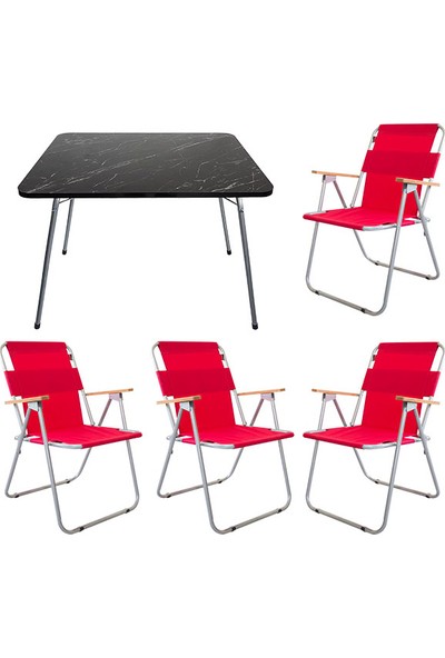 Bofigo 60X80 Granit Desenli Katlanır Masa + 4 Adet Katlanır Sandalye Kamp Seti Bahçe Balkon Takımı Kırmızı