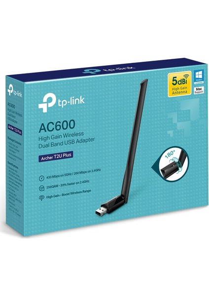 TP-Link Archer T2U Plus, AC600 Mbps, Çift Bant, Yüksek Çekim Güçlü Wi-Fi 5 USB Adaptör