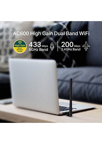 TP-Link Archer T2U Plus, AC600 Mbps, Çift Bant, Yüksek Çekim Güçlü Wi-Fi 5 USB Adaptör