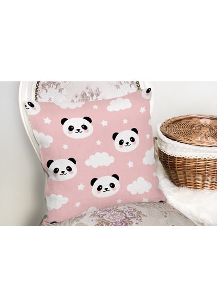 Pembe Zeminli Panda Resimli Dijital Baskılı Kırlent Kılıfı modelleri