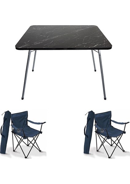 60X80 Granit Desen Katlanır Masa + 2 Adet Kamp Sandalyesi Katlanır Sandalye Piknik Plaj Sandalyesi Mavi