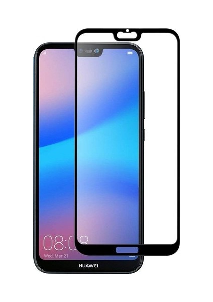 Huawei P20 Lite Kenarı Kırılmayan Full Yapışan Renkli Cam Ekran Koruyucu - Siyah