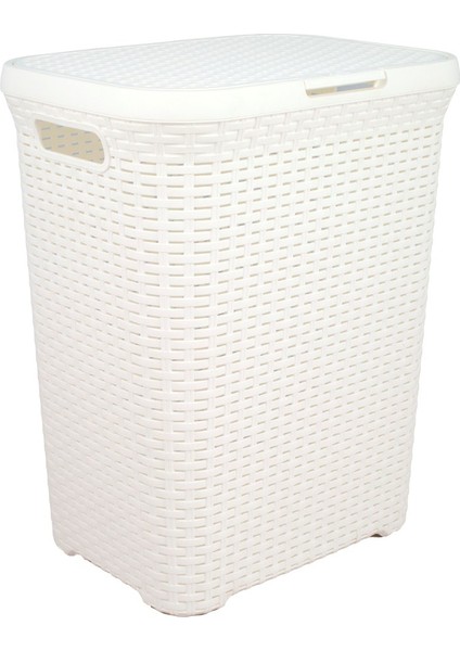 Beyaz Plastik Hasır Desenli Kapaklı Çamaşır Sepeti – 55x43x33cm
