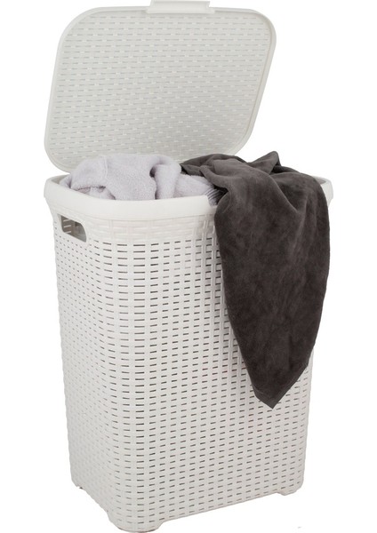 Beyaz Plastik Hasır Desenli Kapaklı Çamaşır Sepeti – 55x43x33cm modelleri