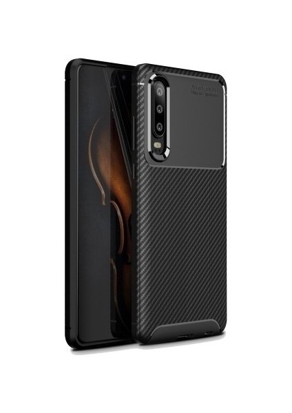 Jopus Huawei P30 Kılıf Karbon Desenli Lux Negro Silikon - Siyah + Cam Ekran Koruyucu