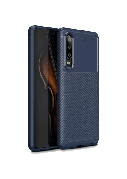 Jopus Huawei P30 Kılıf Karbon Desenli Lux Negro Silikon - Lacivert + Cam Ekran Koruyucu