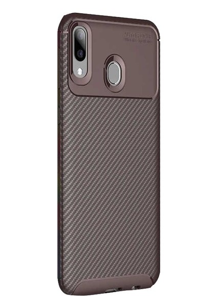 Jopus Huawei Y7 Prime 2019 Kılıf Karbon Desenli Lux Negro Silikon - Kahverengi + Nano Ekran Koruyucu