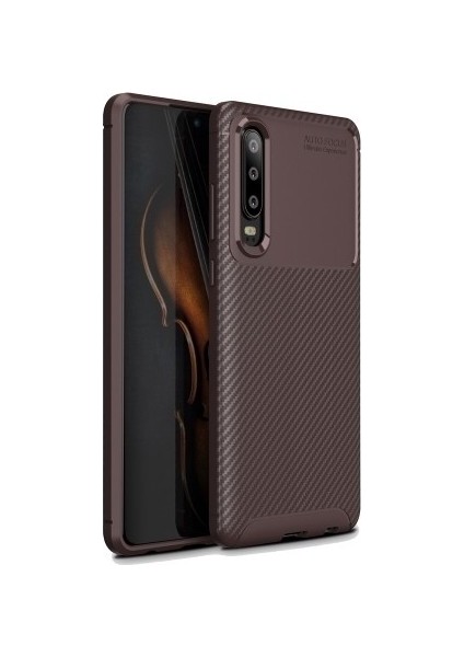 Jopus Huawei P30 Kılıf Karbon Desenli Lux Negro Silikon - Kahverengi + Nano Ekran Koruyucu