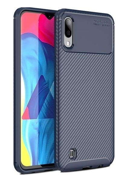 Jopus Samsung Galaxy M10 Kılıf Karbon Desenli Lux Negro Silikon - Lacivert + Tam Kaplayan 6D Nano Ekran Koruyucu