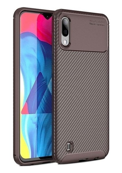 Jopus Samsung Galaxy M10 Kılıf Karbon Desenli Lux Negro Silikon - Kahverengi + Tam Kaplayan 6D Nano Ekran Koruyucu