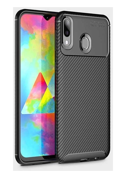Jopus Samsung Galaxy M20 Kılıf Karbon Desenli Lux Negro Silikon - Siyah + Tam Kaplayan 6D Nano Ekran Koruyucu