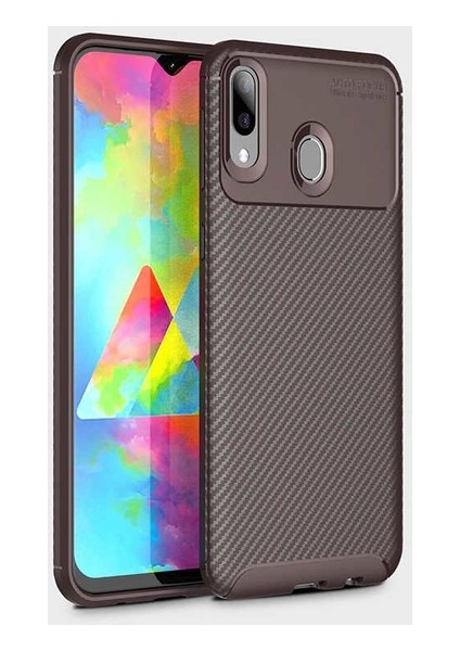 Jopus Samsung Galaxy M20 Kılıf Karbon Desenli Lux Negro Silikon - Kahverengi + Tam Kaplayan 6D Nano Ekran Koruyucu