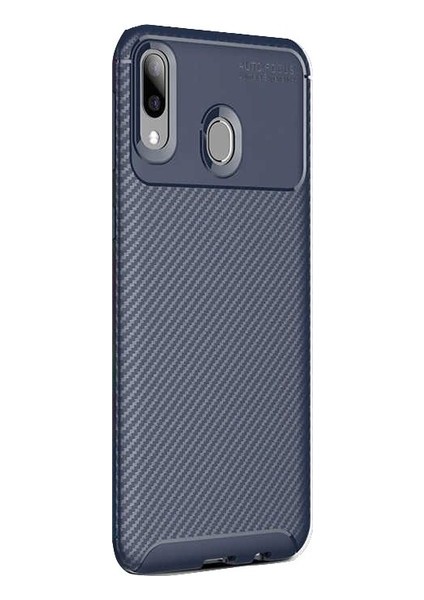 Jopus Huawei Y7 Prime 2019 Kılıf Karbon Desenli Lux Negro Silikon - Lacivert + Tam Kaplayan 6D Nano Ekran Koruyucu