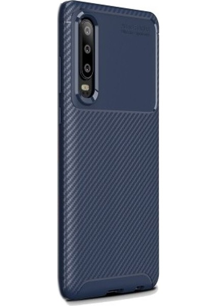 Huawei P30 Kılıf Negro Karbon Dizayn Silikon+Nano Glass Lacivert