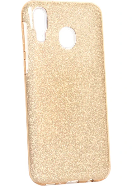 Case 4U Samsung Galaxy M20 Kılıf Çift Katmanlı Simli Shining Sert Silikon Arka Kapak Altın