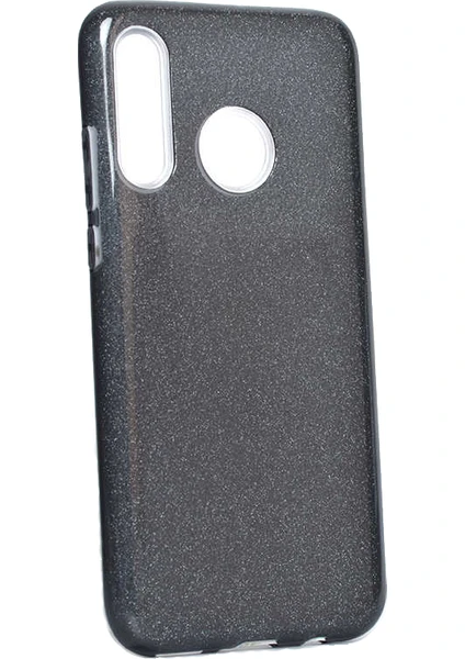 Case 4U Huawei P30 Lite Kılıf Çift Katmanlı Simli Shining Sert Silikon Arka Kapak Siyah