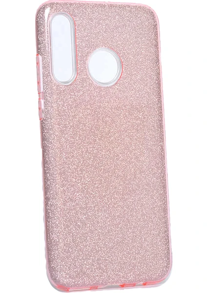 Case 4U Huawei P30 Lite Kılıf Çift Katmanlı Simli Shining Sert Silikon Arka Kapak Pembe