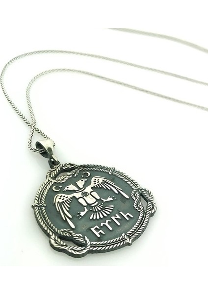 Çift Başlı Kartal Türk Yazılı Madalyon Gümüş Zincir Kolye