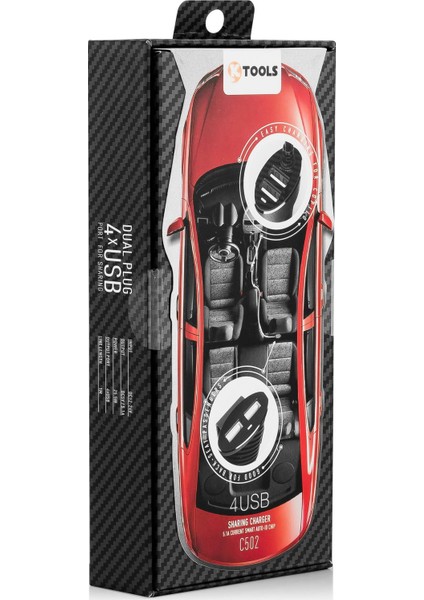 2 + 2 Multi 4 Adet USB Siyah Araç Şarjı 5.1A