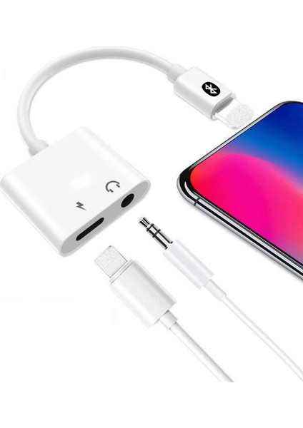 iPhone Uyumlu Lightning 2in1 Şarj + Kulaklık Dönüştürücü 3.5 mm Jack Adaptör Beyaz - Model : MH-030