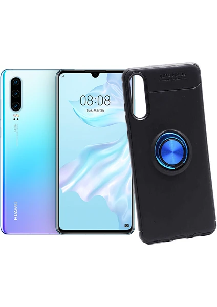 Case 4U Huawei P30 Kılıf Autofocus Shockprof Ravel Yüzüklü Standlı Slikon Kapak Siyah - Mavi