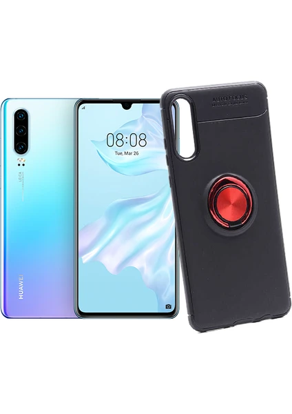 Case 4U Huawei P30 Kılıf Autofocus Shockprof Ravel Yüzüklü Standlı Slikon Kapak Siyah - Kırmızı