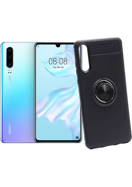 Case 4U Huawei P30 Kılıf Autofocus Shockprof Ravel Yüzüklü Standlı Slikon Kapak Siyah