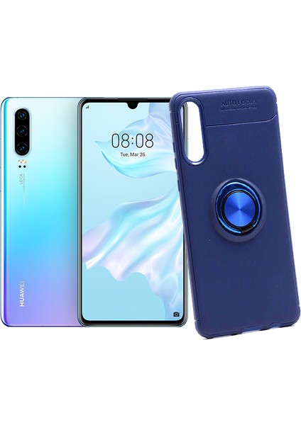 Huawei P30 Kılıf Autofocus Shockprof Ravel Yüzüklü Standlı Slikon Kapak Lacivert