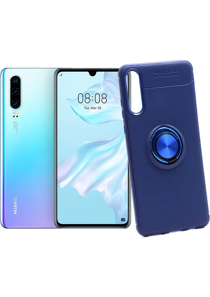 Case 4U Huawei P30 Kılıf Autofocus Shockprof Ravel Yüzüklü Standlı Slikon Kapak Lacivert