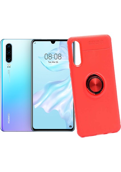 Huawei P30 Kılıf Autofocus Shockprof Ravel Yüzüklü Standlı Slikon Kapak Kırmızı