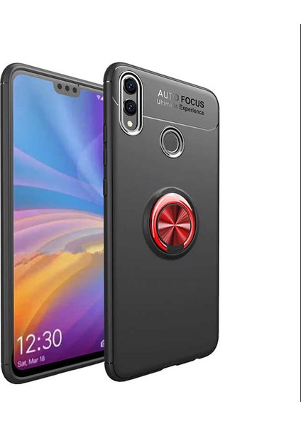 Case 4U Honor 8C Kılıf Autofocus Shockprof Ravel Yüzüklü Standlı Slikon Kapak Siyah - Kırmızı