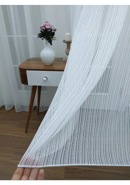 AR01767 Sade Çizgili Beyaz 1/3 Sık Pileli Tül Perde - 550X290 cm