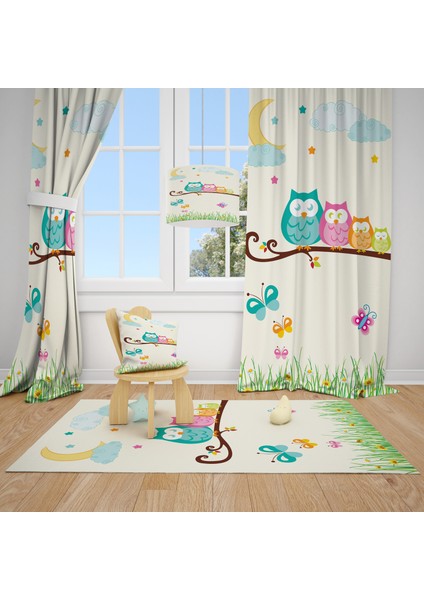 Cici Odam Baykuş Ailesi Çocuk Bebek Odası Fon Perde 1 Kanat