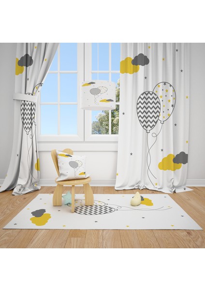 Cici Odam Desenli Balonlar ve Renkli Bulutlar Çocuk Bebek Odası Fon Perde 2 Kanat 70x270